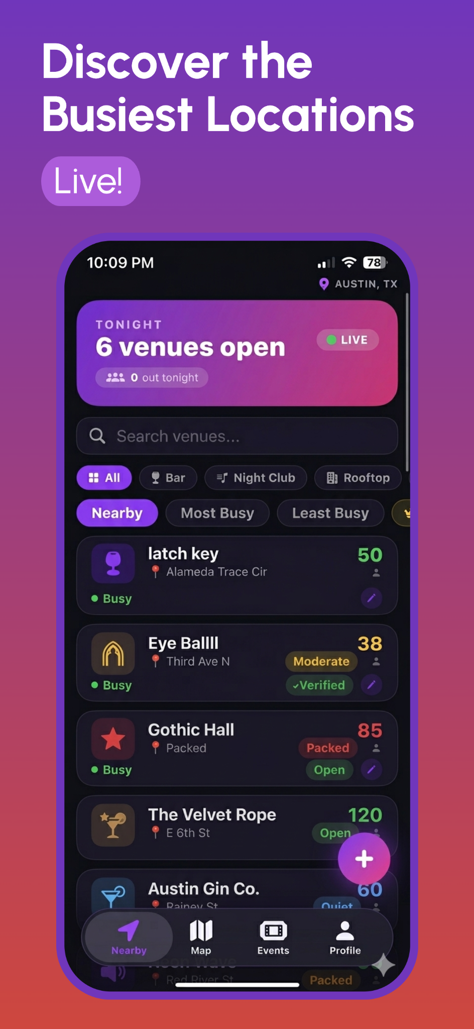 Pop In live counter screen showing busy locations