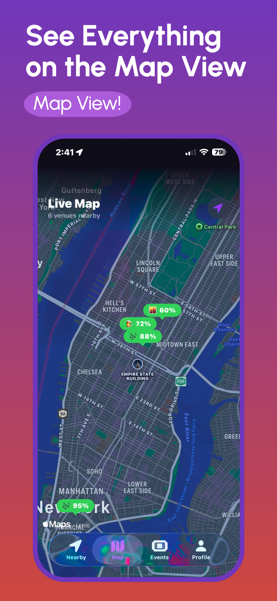Pop In map view screen showing nearby activity
